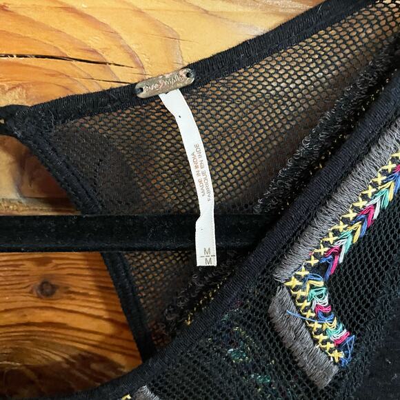 Free People Top Love Spell Cut Out Mesh Keyhole Tee Shirt Embroidered Tribal - Picture 4 of 7